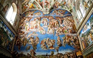 "The Last Judgment" by Michelangelo executed on the altar wall of the Sistine Chapel in Vatican City. The work took four years to complete and was done between 1536 and 1541.