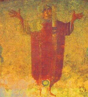 This from the catacombs in Rome... A covered woman, with her hands raised in praise/prayer to God.