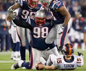 1/14/2012   Foxborough, MA       New England Patriots Gerald Warren reacting after sacking Denver Broncos Tim Tebow during 2nd quarter action in the AFC Divisional Playoff game at Gillette Stadium on Saturday  January 14,  2011. 