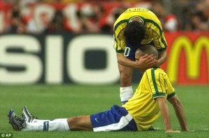 Team-mate Bebeto consoles Ronaldo after a disappointing end to the 1998 World Cup final 