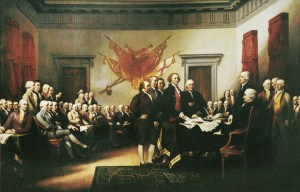 John Trumbull's famous painting is often identified as a depiction of the signing of the Declaration, but it actually shows the drafting committee presenting its work to the Congress.