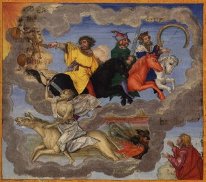 The Four Horsemen of the Apocalypse  from the Ottheinrich-Bibel (ca.1530-1532) illustrated by Matthias Gerung, Bayerische Staatsbibliothek 