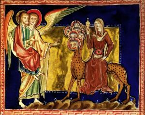 The Woman on the Beast: angel shows St. John's vision of the great Harlot seated on a seven-headed monster, from the Lambeth Apocalypse, c.1260 