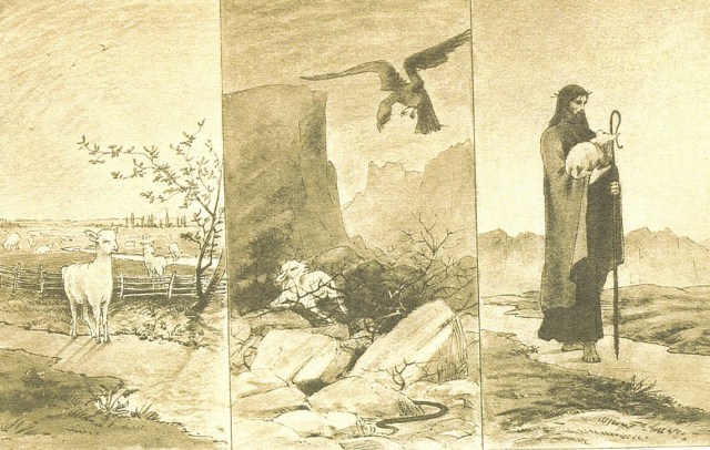 The triptych of the Parable of the Lost Sheep was drawn by Lilias during her early years in North Africa. She captures, in three frames, a sequence which illuminates the story of the straying lamb from start to finish.