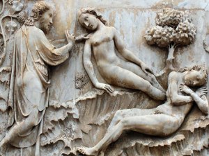 Creation of Eve Marble relief on the left pier of the façade of the cathedral Orvieto, Italy