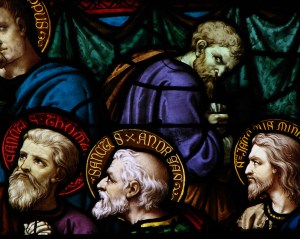 Stained glass window depicting Judas Iscariot turning away from the Last Supper, Moulins Cathedral, France.