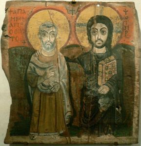 "Christ and Abbot Mena" The oldest known Coptic icon was found in Bawit in Middle Egypt in 1900 by the French archaeologist Jean Clédat (1871 – 1943) who discovered the large Coptic Monastery of St. Apollo that once stood there. It was gifted by the Egyptian government to France as part of the policy of dividing archaeological finds in 1901-1902, and is kept at the Louvre Museum in Paris.