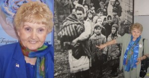 Eva Mozes Kor, at right, points to a photograph of herself taken during the liberation of the Auschwitz Concentration Camp on January 27, 1945, by the advancing Soviet army. Photo provided by Ms. Mozes Kor.