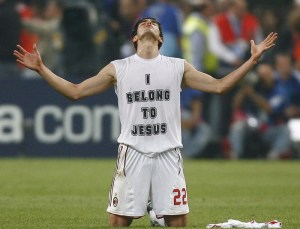 Soccer star Kaka falls to his knees after winning the Champions League final soccer match playing for AC Milan against Liverpool in Athens May 23, 2007. _____ Brazilian soccer star, Kaka, has become the world's first athlete to reach 10 million followers on Twitter, making him only the sixteenth person in the world to pass the benchmark. The devout Christian soccer player is one of the most popular sports stars in the world, and is one of the most followed people on Twitter.
