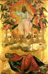 Orthodox Icon: St John beholding the vision of the Son of God in glory, holding the Seven Stars, with the Seven Lampstands, surrounded by Seven Angels holding small churches.